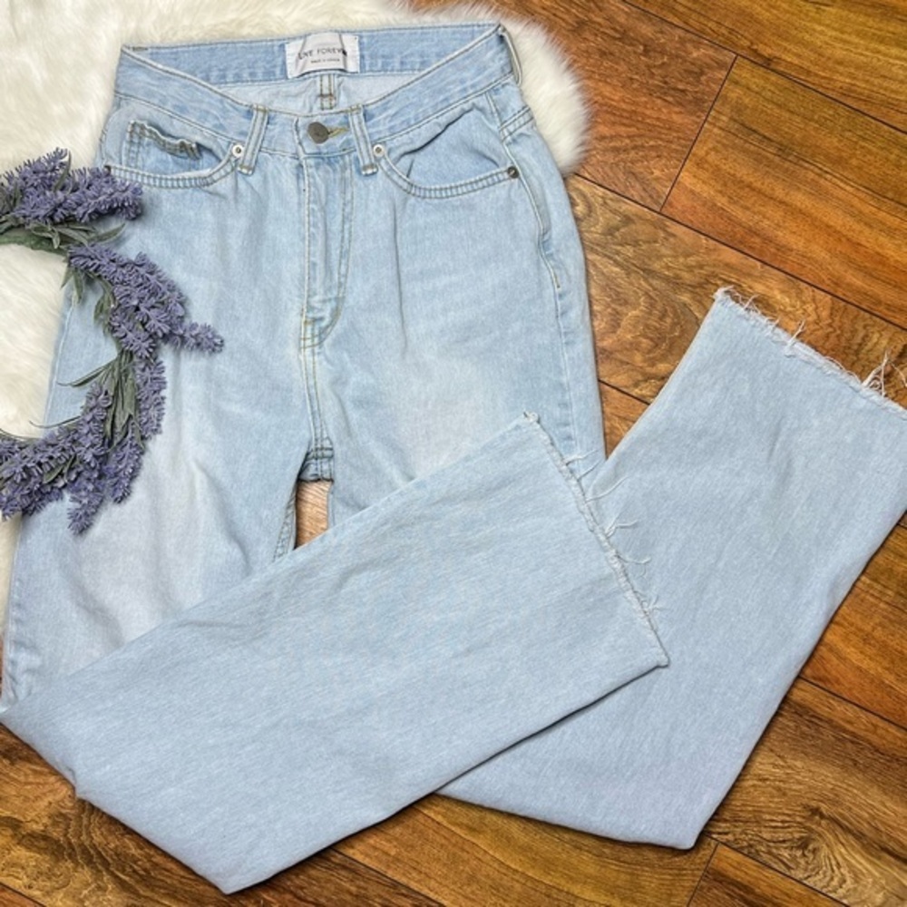 Live Forever made in Korea wide flare light wash raw frayed hem denim jeans